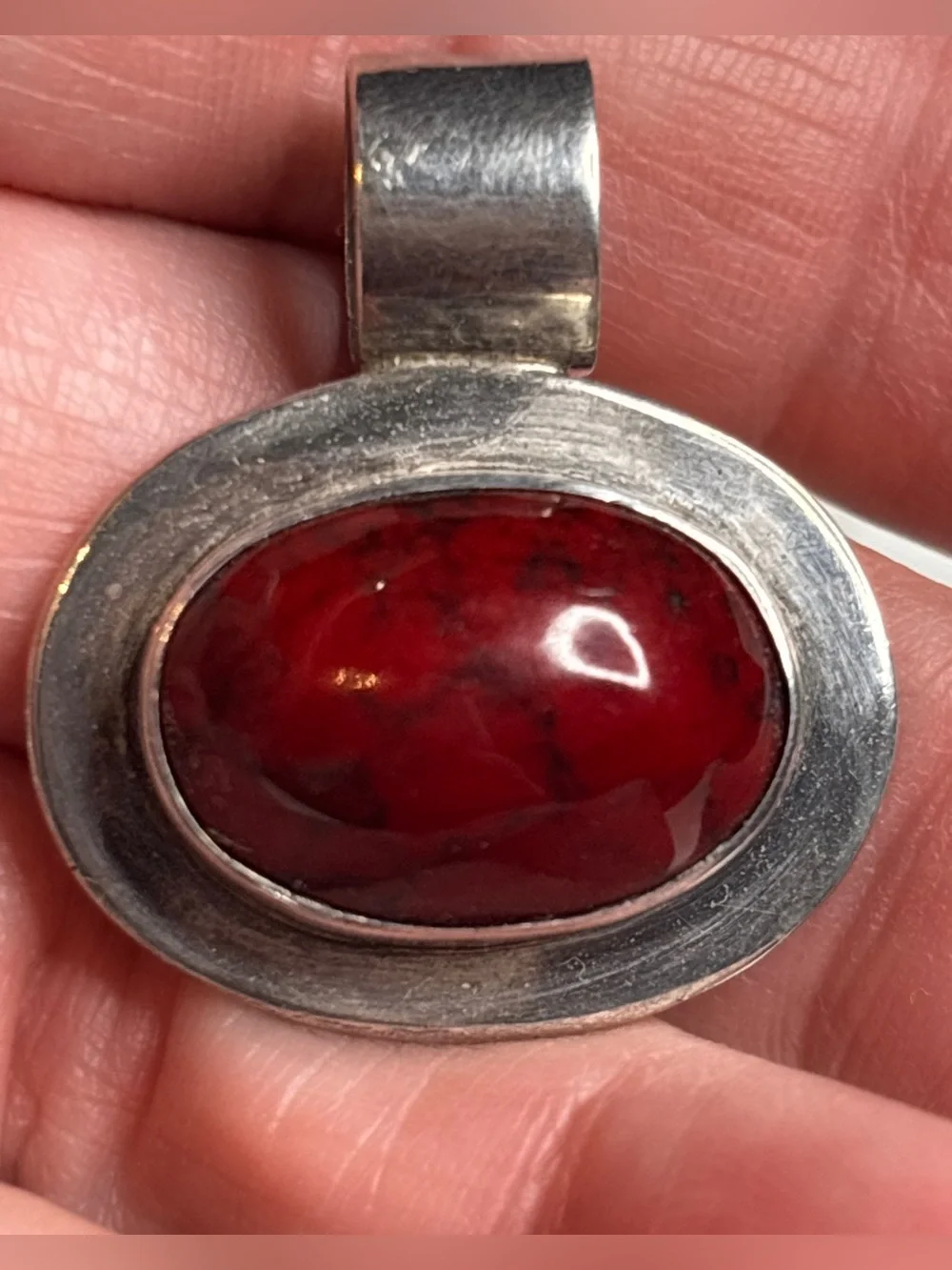 Vintage Mexico 925 Sterling Silver Red Jasper Cabochon Pendant Artisan Modernist